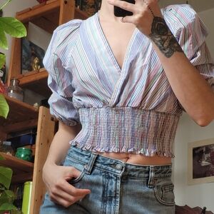 Zara Women Multicolor Stripes 3/4 Sleeve Blouse Elastic Waist - Xs